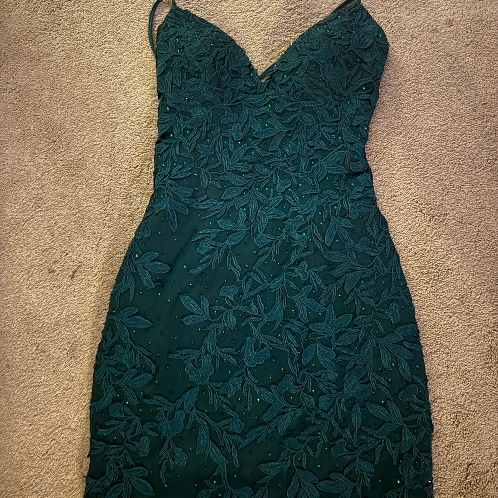 Faviana Strapless Dark Green Lace Dress